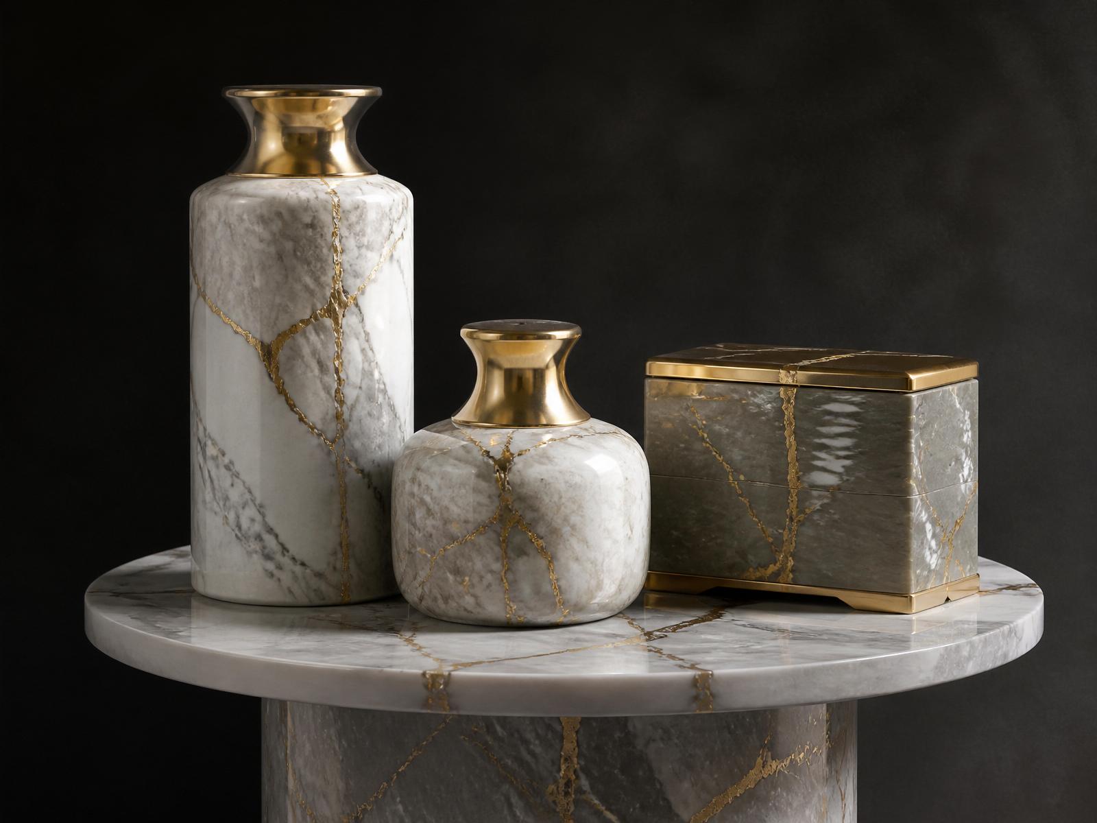 Handcrafted marble vases and box on a marble side table